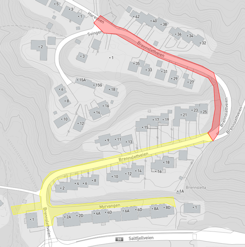 Kartutsnitt over bydel, der gate som skal stenges er markert med rødt og gate som omfattes av arbeid er markert med gult. - Klikk for stort bilde