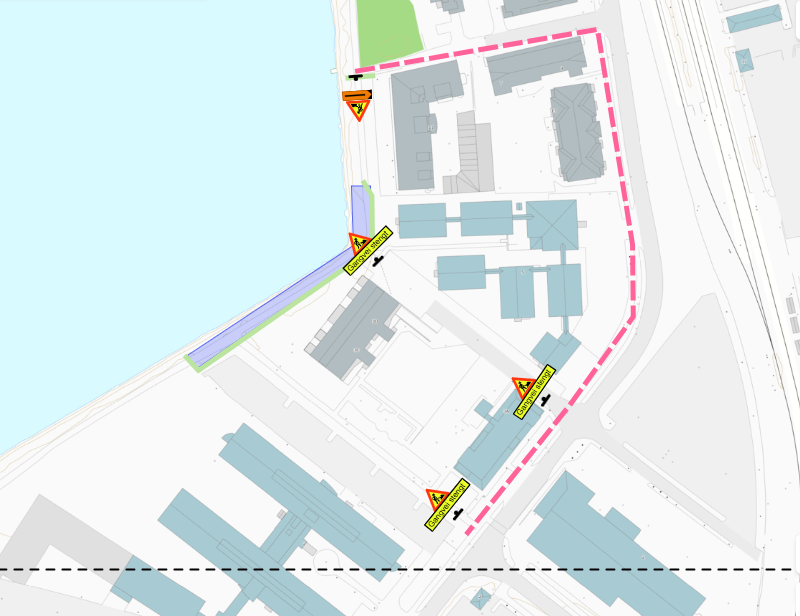 Kart som viser en gangsti langs vann, der et område som skal stenges er markert med lilla. - Klikk for stort bilde